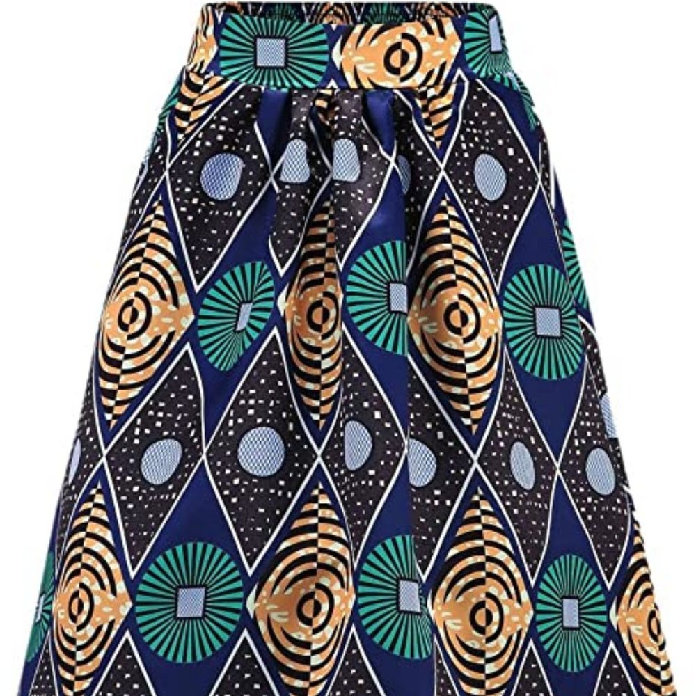 Afibi African Print Gathered Flare Skirt w/Pockets